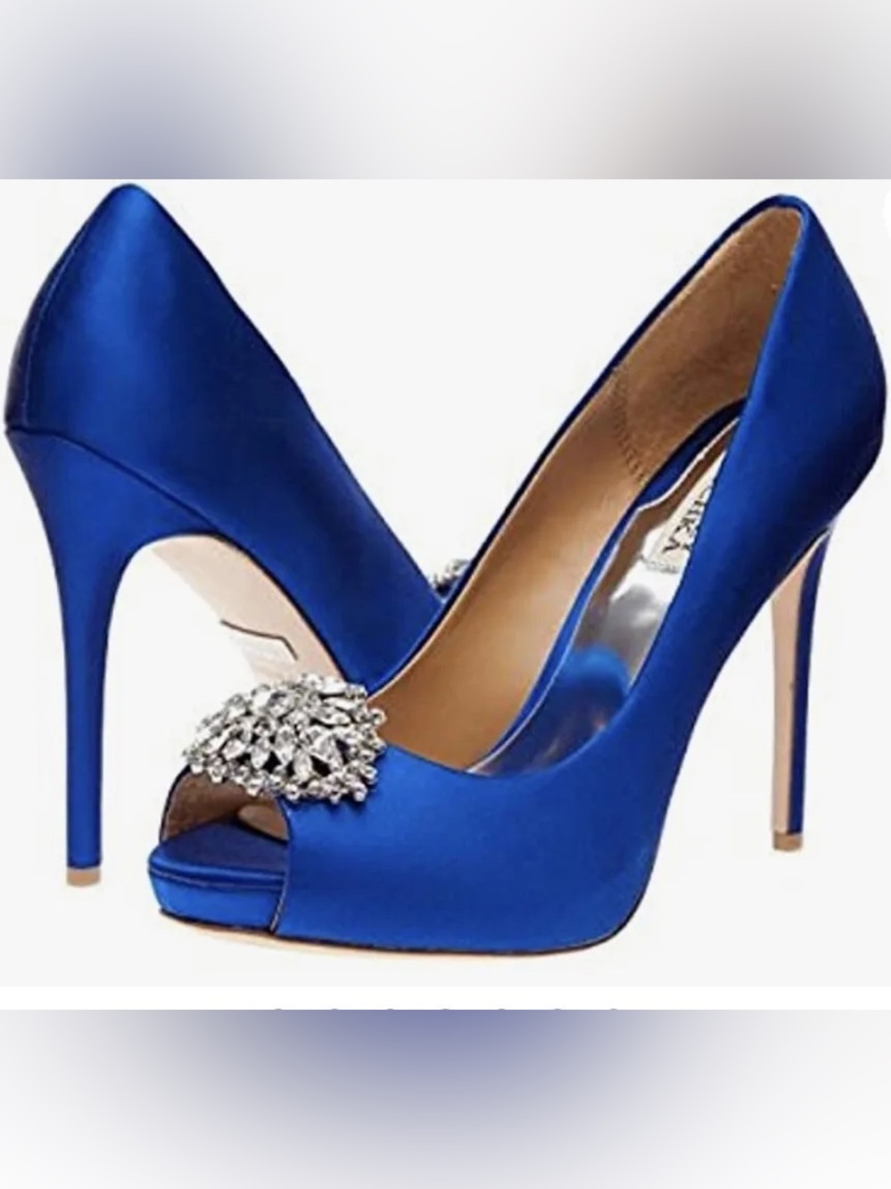 Badgley Mischka Jeannie Royal Blue Satin Peep-Toe Pumps with Crystal Brooch